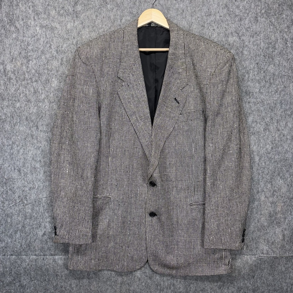 Vintage 100% Silk Houndstooth Blazer Men's 42R White‎ Black Plaid